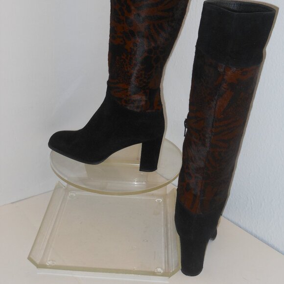 STUART WEITZMAN BLACK AND BROWN LEATHER & GENUINE FUR KNEE HIGH BOOTS SIZE 7.5 M - Picture 7 of 8